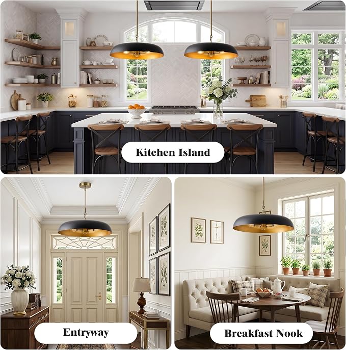 Large Pendant Lights Kitchen Island 20.4in, Black Gold Dining Room Fixture | 3-light hanging dome chandelier, modern all-metal frame, adjustable 18-54in downrod, E12 40W base, for over table bar cafe