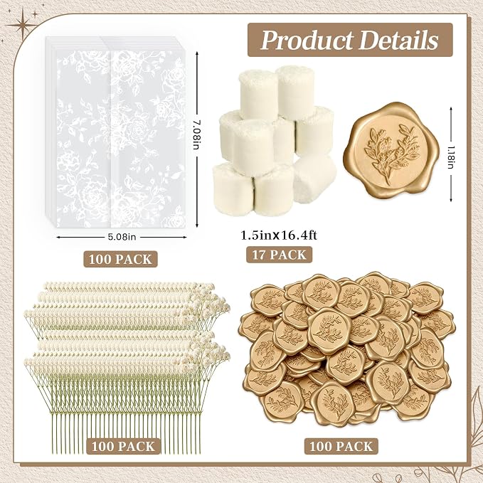 Wedding Invitation Accessories Kit, Pre-Folded Vellum Jackets for 5×7 Invitations with Wax Seal Stickers, Ribbon & Dried Flowers, Elegant Wedding Invitation Accessories for DIY Bridal Invites (White-Rose, 100)