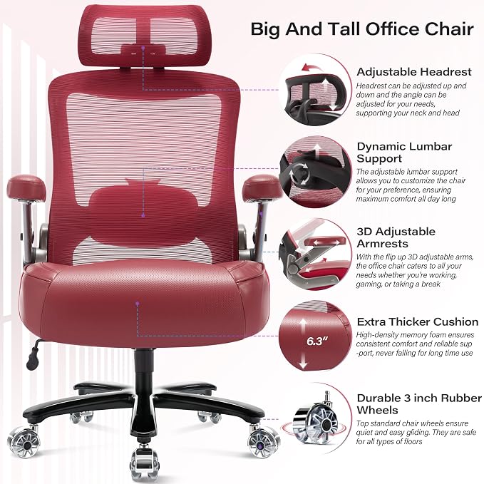 600lbs Big and Tall Office Chair- Heavy Duty Executive Computer Chair with 3D Flip Arms Large Wheels, Ergonomic Mesh High Back Desk Chair, Extra Wide Seat Adjustable Lumbar Support&Headrest
