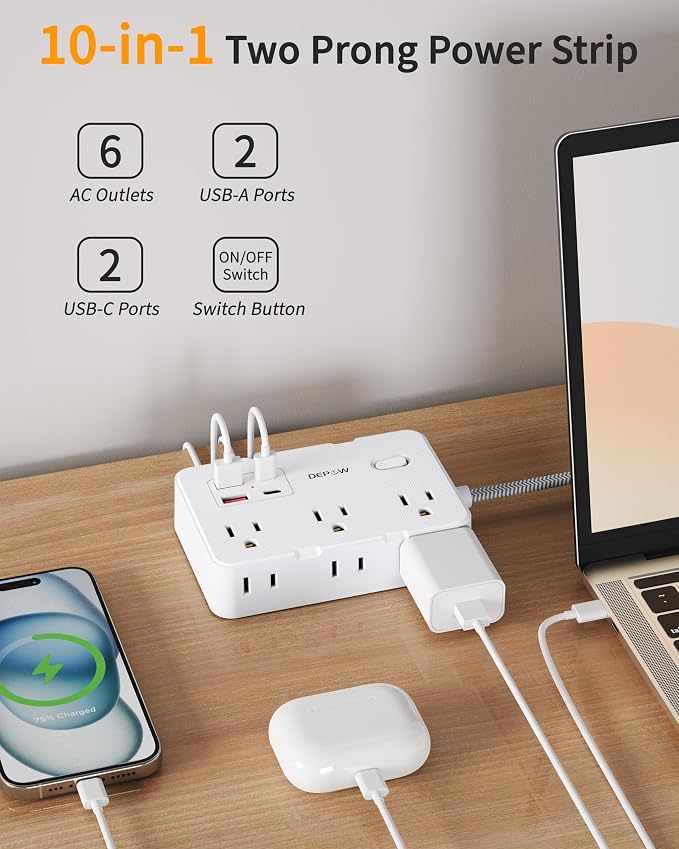 DEPOW 2 Prong to 3 Prong Adapter Power Strip, 10 FT Extension Cord with 6 Outlets & 4 USB Ports (2 USB-C), 1050J Two Prong Surge Protector, Wall Mount - Ideal for Old Houses