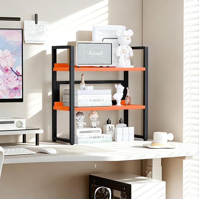 Brakki Desk Shelf Organizer, 2-Tier Desktop Bookshelf, Small Office Shelf | Adjustable Shelf, Metal Desktop Rack for Dorm, with Foot Mat, Multi-Functional Organization, Black and Orange