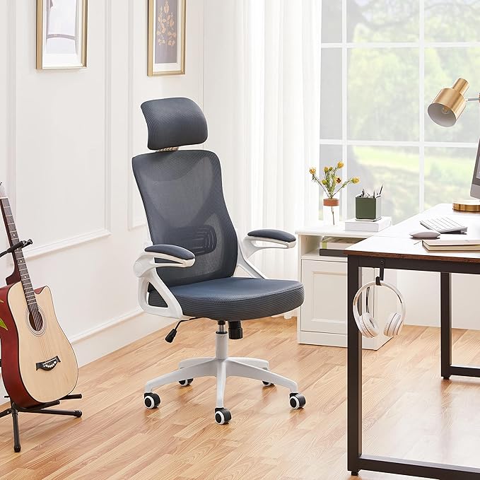 Yaheetech Ergonomic Mesh Office Chair, High Back Desk Chair with flip-up Armrests, Adjustable Padded Headrest Lumbar Support for Home Oiffce Game Room, White/Gray