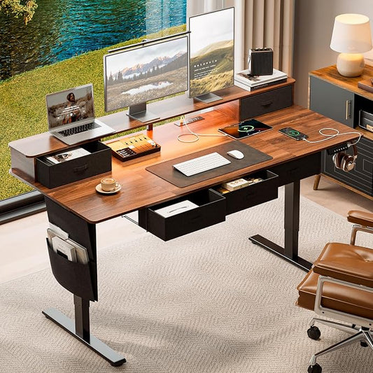 63x32 Inch Electric Standing Desk with 5 Drawers, Sit Stand Desk with Power Outlets, Monitor Shelf, LED Light and Cable Management, Height Adjustable 28.3-47.2 Inch for Home & Office, Walnut