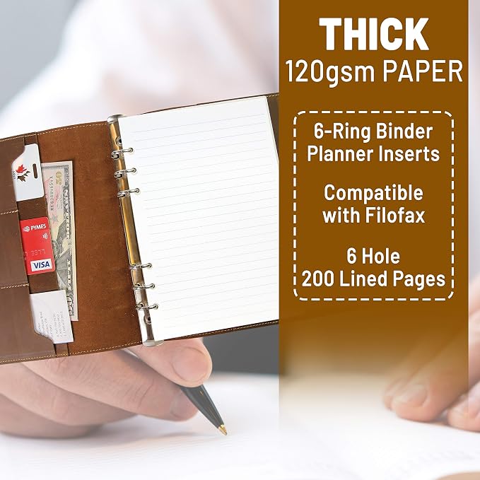 Wanderings A5 6-Ring Binder Planner Inserts - 8.3 x 5.6" - Thick Cream Color Lined 120 GSM Loose Leaf A5 Paper Refills Compatible with Filofax 6 Hole 100 Sheets 200 Lined Pages