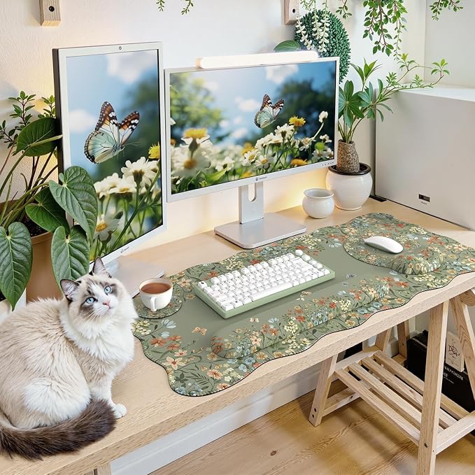 iCasso Desk Mat Set,Large Mouse Pad with Wrist Rest, Back to School Ergonomic Keyboard Wrist Support for Women, Floral Computer Mat with Scalloped Edges,Non-Slip Desk Pad Home Office Gaming (Green)