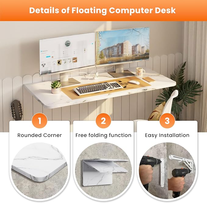 IAE Wall Mounted Floating Foldable Desk, 36" x 22" Folding Computer Workstation Table with Engineered Wood and Metal Shelf Brackets,Fold&Floating Design for Home Office, Apartment,Laundry Room, White