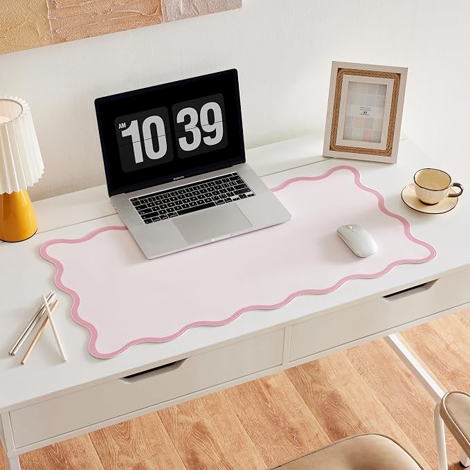 Scalloped Desk Mat, 31.5" x 15.7", PU Leather, Waterproof Anti-Slip, Cute Aesthetic Desk Pad for Office/Home/Game/Vanity (Pink, 31.5 X 15.7)