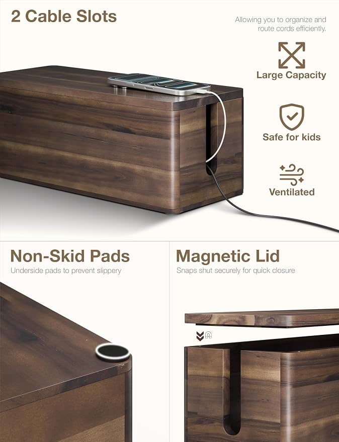 TIDITA Set 2 Wooden Large Cable Management Box Round Edge (Walnut Color) | Set of 2 Sizes, Cable Slots, Magnetic Lid, Non-Skid Pads, Solid Acacia Wood, Wooden Power Strip Box, Surge Protector Box