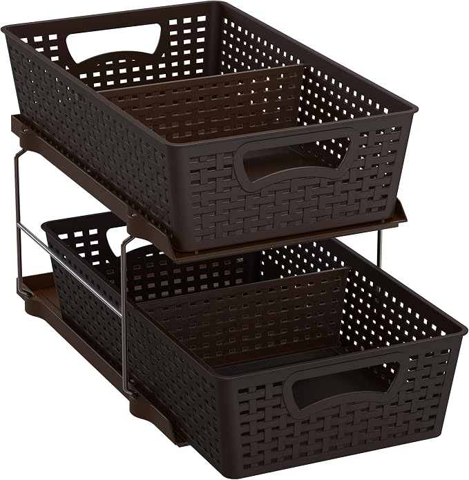 Simple Houseware 2 Tier Pull-Out Sliding Drawer Under Sink Storage, Brown | Great for Kitchen Bathroom Tray Shelf Organizer