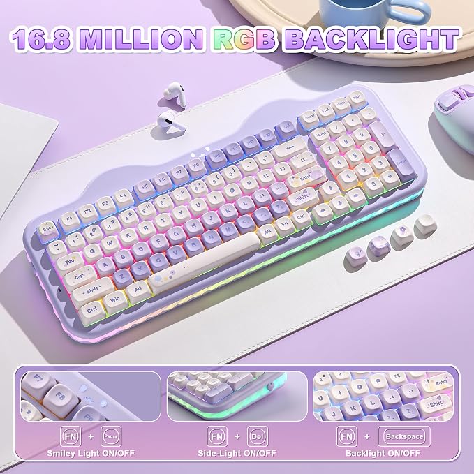 YUNZII C98 Wireless Mechanical Keyboard with Number Pad,99 Key BT5.0/2.4G/USB-C Hot Swap Gasket Mount with PBT MOA Keycaps,Custom RGB,Cute Cake Keyboard for Win/Mac (Purple, Milk V2 Linear Switch)