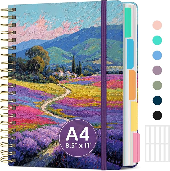 Large Spiral Lined Notebooks for Work with Removable Dividers & Tabs, 8.5"x11" Pretty Hardcover 5 Subject Notebook Journal for Women, College Ruled, Perfect for Study & Office Organization, 280 Pages,Sienna Meadows
