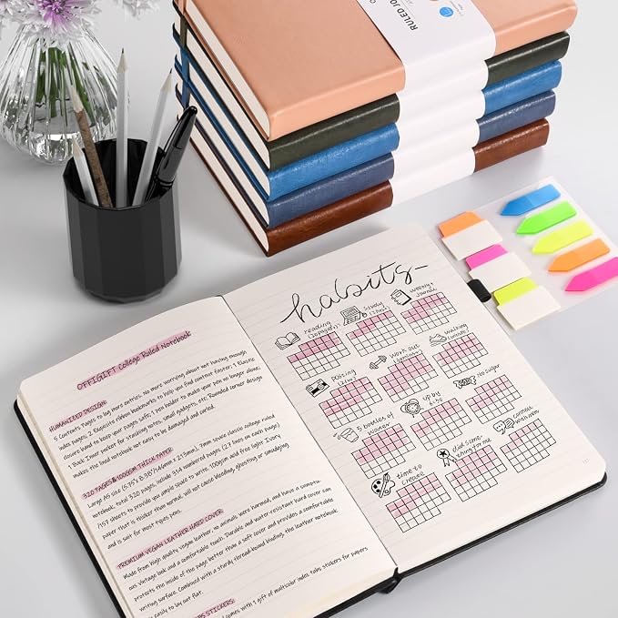 5 Pack College Ruled Notebook, 312 Numbered Pages Thick Notebooks Bulk, 100gsm No Bleed Paper Hardcover Leather Journal, Lined Journal Notebook Set for Women Men School Office, A5, Black