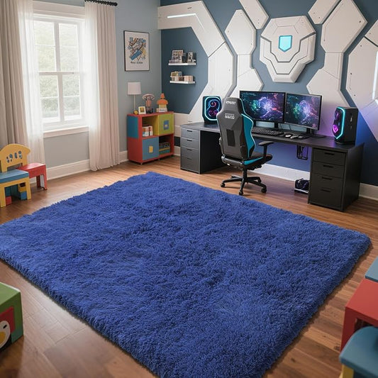 Blue Fluffy Rug Shag Area Rug, 6x9 Area Rugs for Girls Bedroom, Big Soft Shag Bedside Non-Slip Plush Dorm Carpet Home Decor Aesthetic