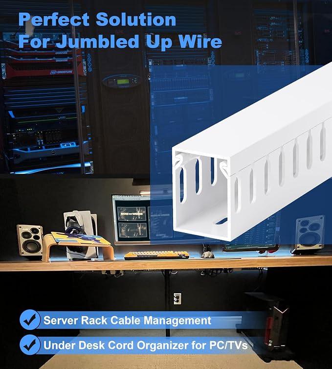 1.6"H x 1.2"W Cable Raceway, 6ft Under Desk Wire Management Channel, White | Slotted Wire Duct, 2 Pack (3 ft Each), Heavy-Duty PVC Cable Management for Server Racks, Network Cables & Electrical Cabinets