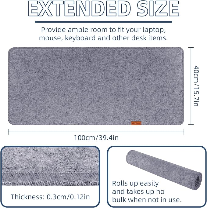 Large Felt Desk Protective Pad, 100X40cm/40''X16'' Non-Slip Felt Desk Mat Extended Gaming Mouse Pad Large Desk Pad Protector for Keyboard, Computer, Mouse, Laptop (Grey)
