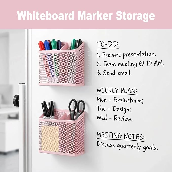Neudeco Magnetic Pen Holder-Strong Magnet Mesh Storage Basket for Refrigerator, Kitchen, Locker-Magnetic Marker Holder on whiteboard for Dry Erase Markers for school, office, Pack 2 (Pink)