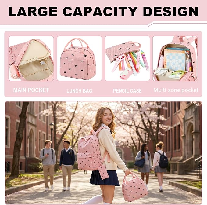 LEDAOU Kids Backpack for Girls Backpacks with Lunch Box, Lightweight Bookbag Set Elementary Middle School Back pack for 8-14