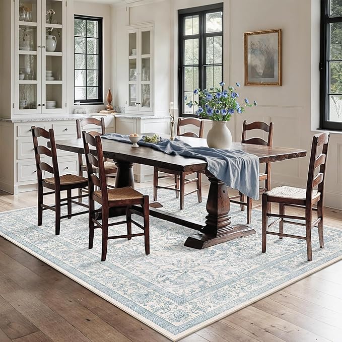 6x9 Blue Washable Area Rugs for Living Room Non Slip Low Pile Vintage Boho Throw Rug Soft Retro Distressed Floral Large Carpet Indoor Farmhouse Decor for Bedroom Dining Room Office Kitchen Playroom