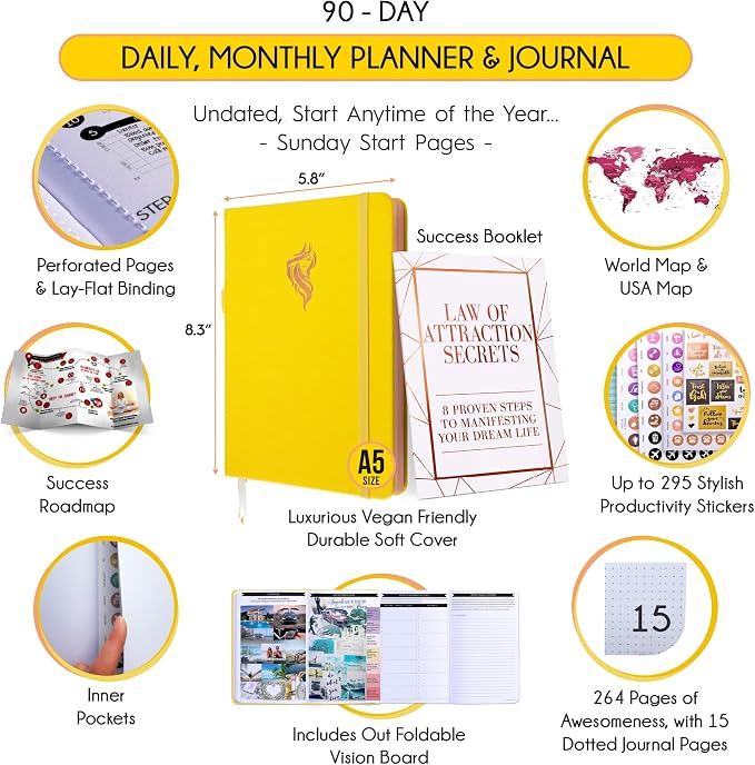 90-Day Goal Planner with Daily Journal, Gratitude & Habit Tracker | Daily Planner, Productivity, Time blocking, Manifestation & Affirmations with Vision Board, Gratitude Journal for Women & Men