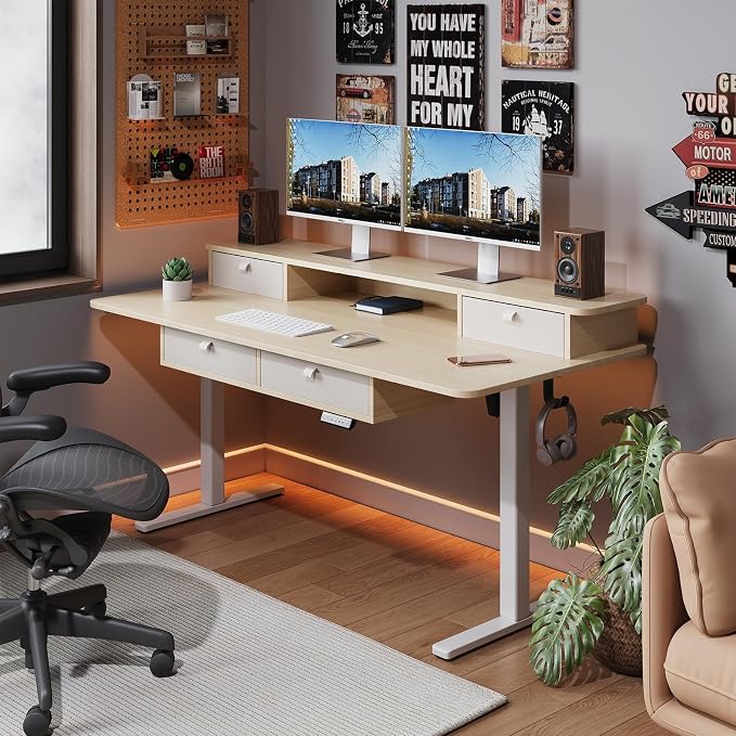 Electric Standing Desk Frame, Adjustable Height & Length, 63" x 28" Tabletop Compatible, 3 Preset Heights, 154 Lbs Weight Capacity, White