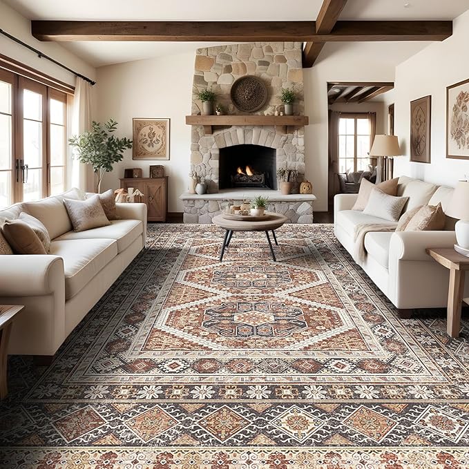Large Rugs for Living Room: 10x14 Area Rugs Farmhouse Indoor Machine Washable Rug Non-Slip with Rubber Backed Oriental Carpets 10x14 Brick