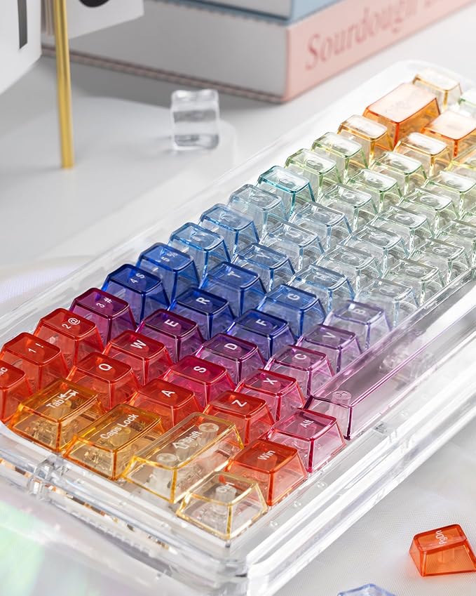 Keymatic Cherry Profile PC Transparent Keycaps, 123 Keys Dye-Sublimation Custom Keyboard Keycaps Shine Through Cute Rainbow Key Cap Set for Cherry MX Swithes Mechanical Keyboard(Only Keycap Set)