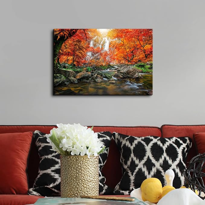 Nature Mountain Waterfall Canvas Wall Art Modern Scenic Framed Artwork Home Decor 16x24” Tropical Forest Scenery Orange Sunset River Landscape Picture for Living Room Bedroom Kitchen Office Decoration