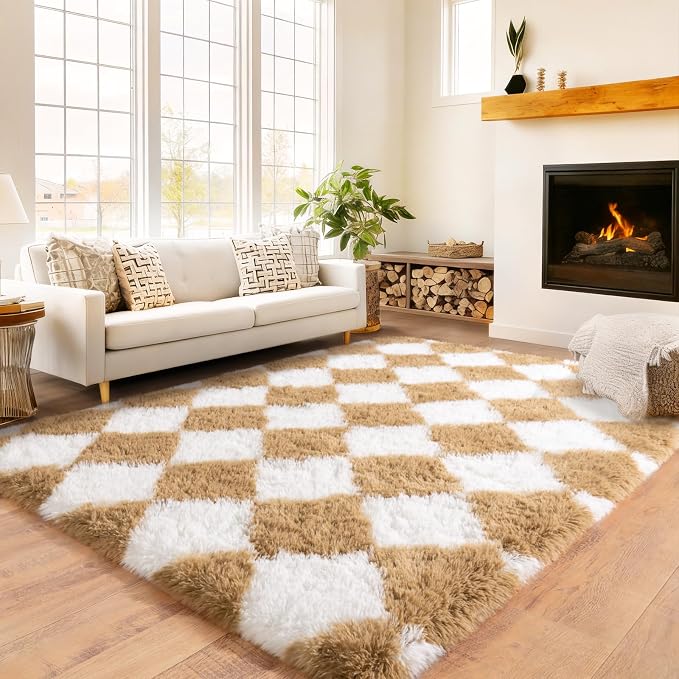 Checkered Rug 4x6 for Bedroom, Ultra Fluffy Shag Area Rugs for Living Room, Upgrade Anti-Skid High Pile Soft Rug Fuzzy Carpet for Living Room Bedroom Kids Room Nursery, Dorm Home Decor, White Camel