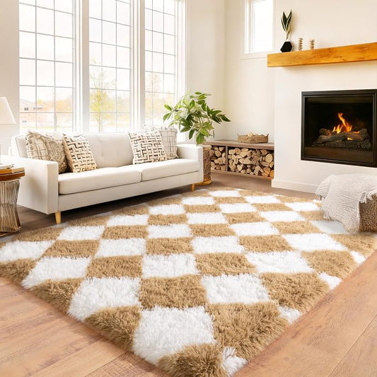 Checkered Rug 4x6 for Bedroom, Ultra Fluffy Shag Area Rugs for Living Room, Upgrade Anti-Skid High Pile Soft Rug Fuzzy Carpet for Living Room Bedroom Kids Room Nursery, Dorm Home Decor, White Camel