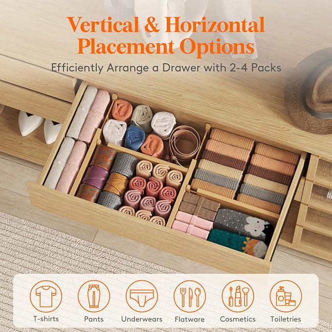 Lifewit 4" High 4 Pack Bamboo Drawer Dividers 31-40cm/12-16 Adjustable Wooden Drawer Organizer for Clothes/Utensils, Expandable Drawer Separator for Dresser/Kitchen/Bedroom/Office Organization