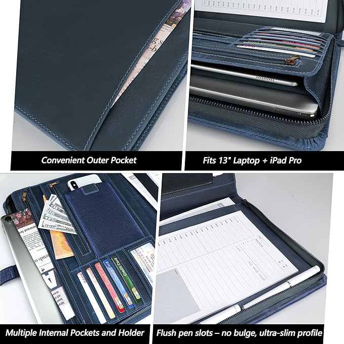 JinRuiKJ Full Grain Leather Portfolio with Zipper, Professional Business Organizer for Men Women, Executive Resume Folder with A4 Notepad Holder, Card Slots, Pen Loop, 10x13'', Luxury Gift Set (Blue)