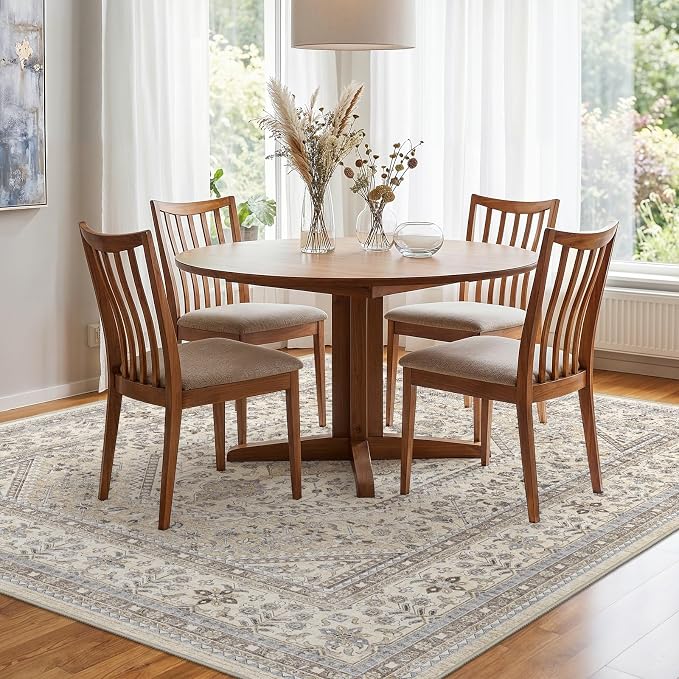 Puino 8x8 Square Area Rug - Washable Oriental Large Rugs for Living Room Soft Non-Slip Backing Indoor Carpet for Bedroom Low Pile Stain Resistant Floor Mat for Dinning Room Home Decor Beige/Gray
