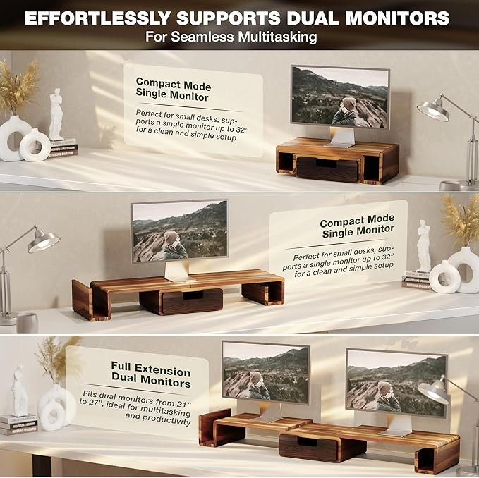 Wooden Dual Monitor Stand Riser with Drawer, 40.4'' Ergonomic Monitor Stand for Desk with Adjustable Length and Swivel Angle, Wooden Desktop Organizer for Laptop, PC, Computer,Printer (Acacia)