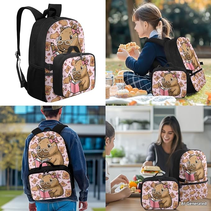 Doojoayie Strawberry Capybara 3rd Grade Backpack for Girls Casual Kawaii Girls Backpack with Lunch Box 17 inch Lightweight Bookbag with Heavy Duty Zippers for Daily School Needs Book Theme