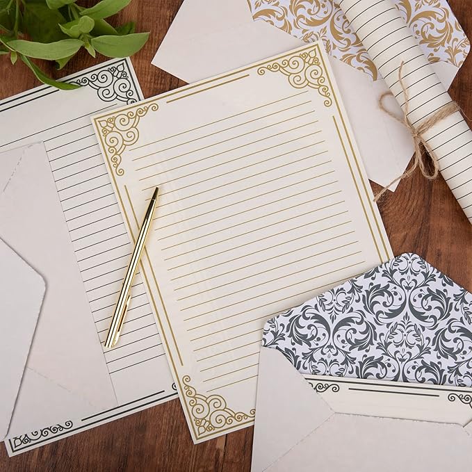 AnyDesign 60 Sheets Vintage Stationery Paper with 30Pcs Self-Adhesive Envelopes Gold Black Border Letter Paper Liner Double-Sided Writing Paper for Birthday Wedding Invitation Thank You Greetings