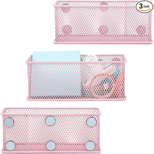 EASEPRES Magnetic Pencil Holder Set of 3 - Wire Mesh Storage Baskets Organizer with Strong Magnets - Perfect for Whiteboard, Refrigerator and Locker Accessories, Pink