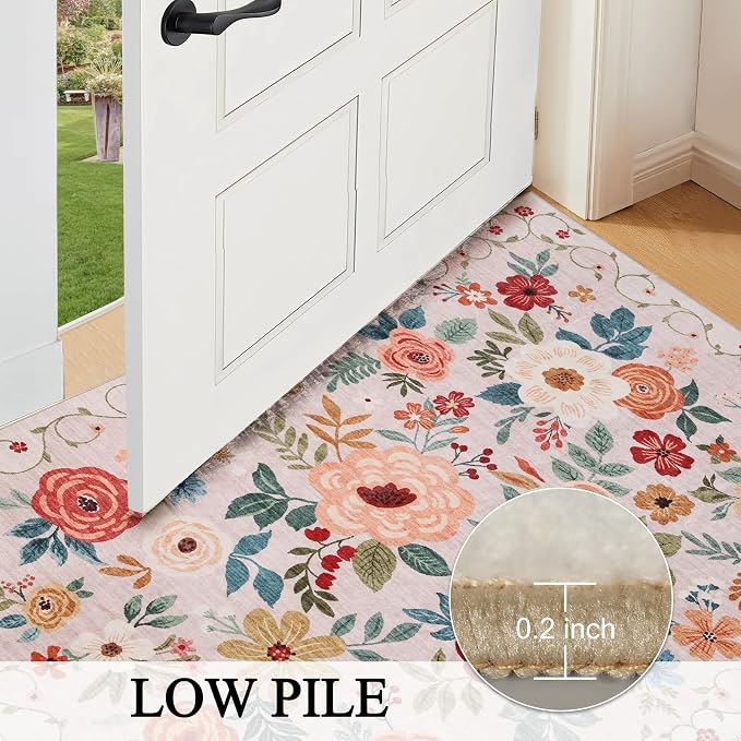 DUKINO Runner Rug for Hallway, 2.6x10 Washable Floral Long Kitchen Rug with Non Slip Backing, Lightweight & Stain Resistant Soft Runners for Indoor Entrance, Laundry, Living Room, Bedroom, Beige