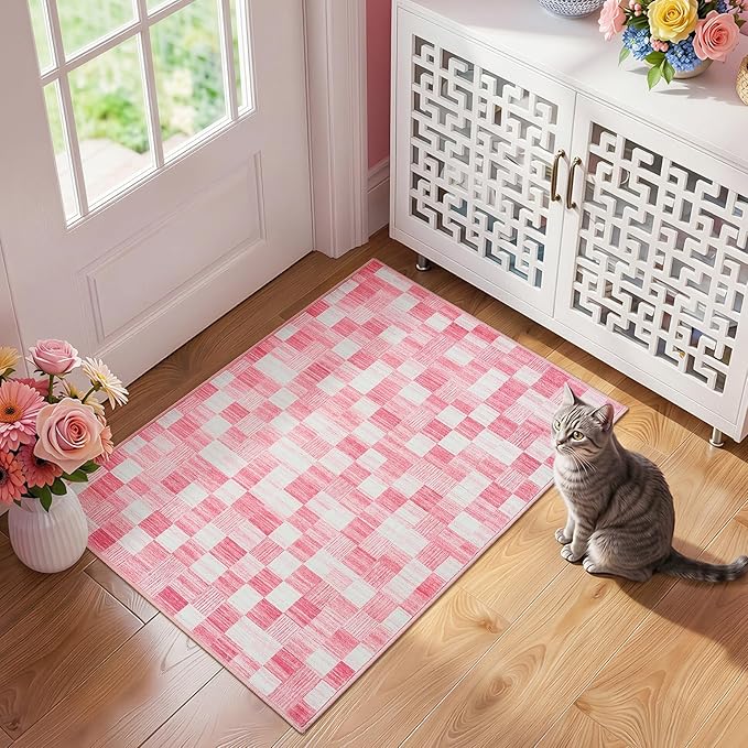 Terrug Pink Checkered Rug for Entryway, 2x3 Small Area Rugs Washable with Non Slip for Kitchen, Soft Low Pile Abstract Carpet for Home Office Front Door Porch