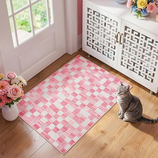 Terrug Pink Checkered Rug for Entryway, 2x3 Small Area Rugs Washable with Non Slip for Kitchen, Soft Low Pile Abstract Carpet for Home Office Front Door Porch