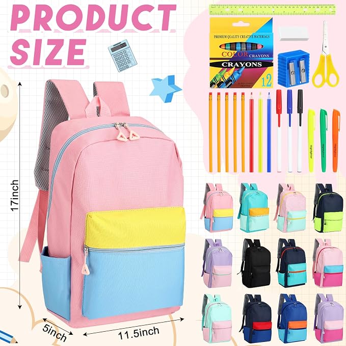 17'' Backpacks Bulk with Supplies Stationery Kits, Printed Bookbags and Writing Accessories Kit for Donation(Color Block,12 Pack)