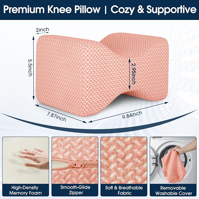 BlissTrends Memory Foam Knee Pillow, Knee Pillow for Side Sleepers, Leg Pillows for Sleeping Blood Circulation, Elevation Pillow for Spine Aligning, Sciatica, Hip, Knee, Ankle Pain, Pink, Medium