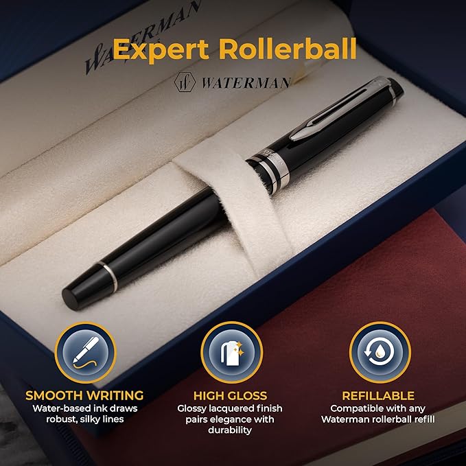 Engraved Waterman Expert Capped Rollerball Pen in Black Lacquer with Chrome Trim. Luxury Business Gift for Executives, Board Members, or Trustees.