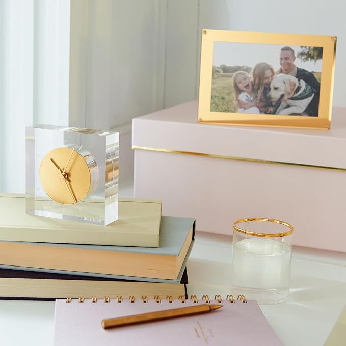 russell+hazel Acrylic & Gold Desk Clock, Clear | Keeps time with upscale style on a desk or shelf. A clear acrylic clock with an etched face & gold-toned brass accents.