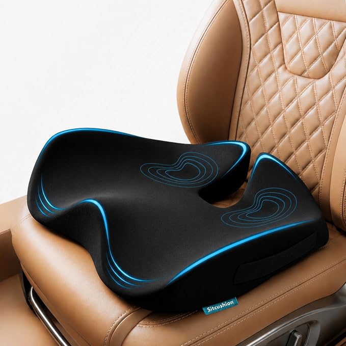 SitCushion Car Seat Cushion for Long Driving – X Large Memory Foam Seat Cushion for Sciatica & Tailbone Pain Relief, Orthopedic Coccyx Cushion with Non-Slip Bottom, Back Pillow for Car, Truck (Black)
