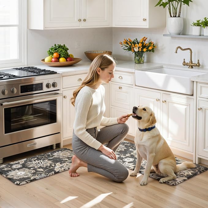 LEEVAN Anti Fatigue Kitchen Mats for Floor, Cushioned Kitchen Mat Set 2PCS | 17.3"x29"+17.3"x47", Boho Floral Black Kitchen Rugs Non-Slip, Waterproof Ergonomic Standing Mats for Laundry, Office, Sink