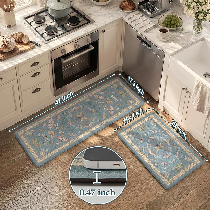 KIMODE Kitchen Mats Cushioned Anti Fatigue Kitchen Mats for Floor 2 Piece | 17 x29+17"x47", Blue,Vintage Butterfly,Non Slip Waterproof,Memory Foam,Standing Mats,for Laundry Sink Office Home Decor
