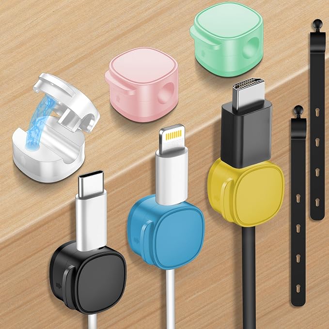 6 Pack,Magnetic Cable Clips & Silicon Cable Ties Cable Organizer | [Cable Smooth Adjustable Under Desk Organizer],Cable Management,Cord Holder-Desk Stand Holding,Adhesive Home Cable Keeper
