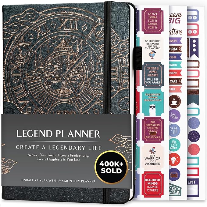 Legend Undated Weekly Planner – Goal Planner Journal & Organizer Notebook – Agenda Book with Monthly Calendar & To-Do List, A5 (Mystic Gray, Gold)