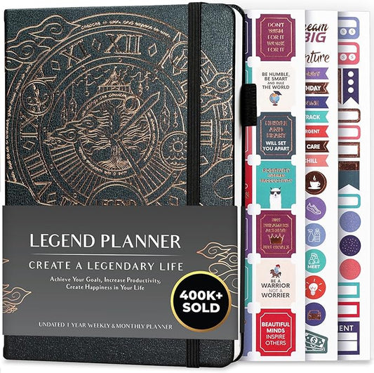 Legend Undated Weekly Planner – Goal Planner Journal & Organizer Notebook – Agenda Book with Monthly Calendar & To-Do List, A5 (Mystic Gray, Gold)