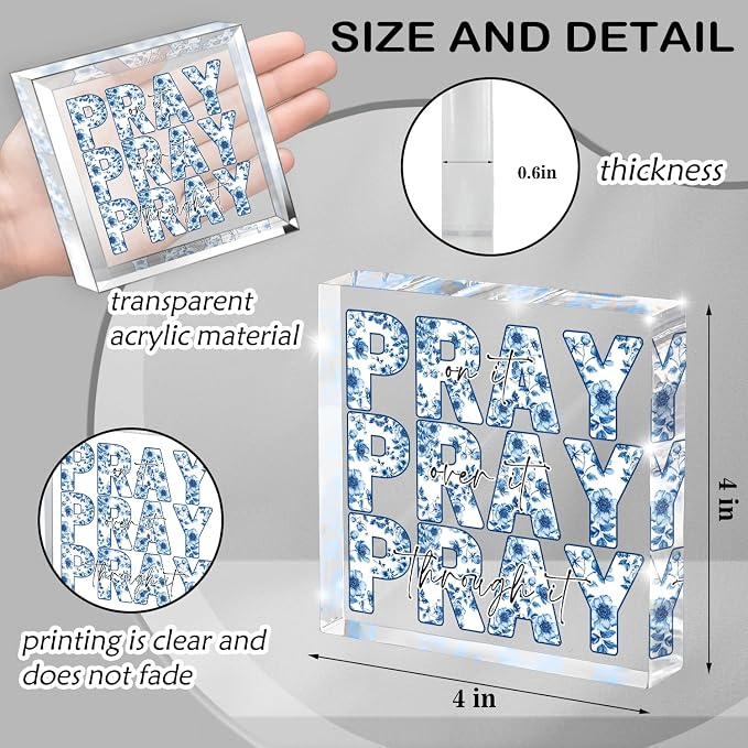 Blue and White Inspirational Decor, Blue Floral Chinoiserie Desk Decorations for Office, Ideal Christian Gifts for Women - Pray On It,Pray Over It - Bible Verse Desk Art, Dorm Room Decor for Women